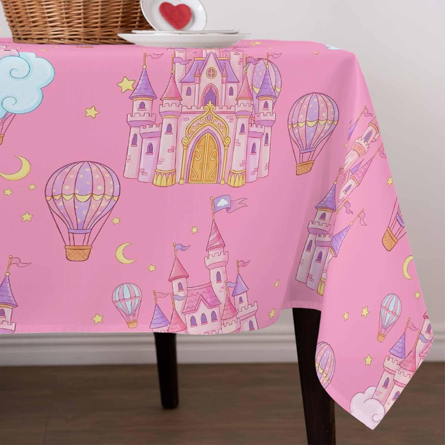 Children's Day Waterproof Table Cloth Cartoon Pink Castle Hot Balloons Moon Star Cloud Waterproof & Wrinkle Table Cover, Washable Polyester Soft Fabric Table Cloth for Outdoor Indoor Parties