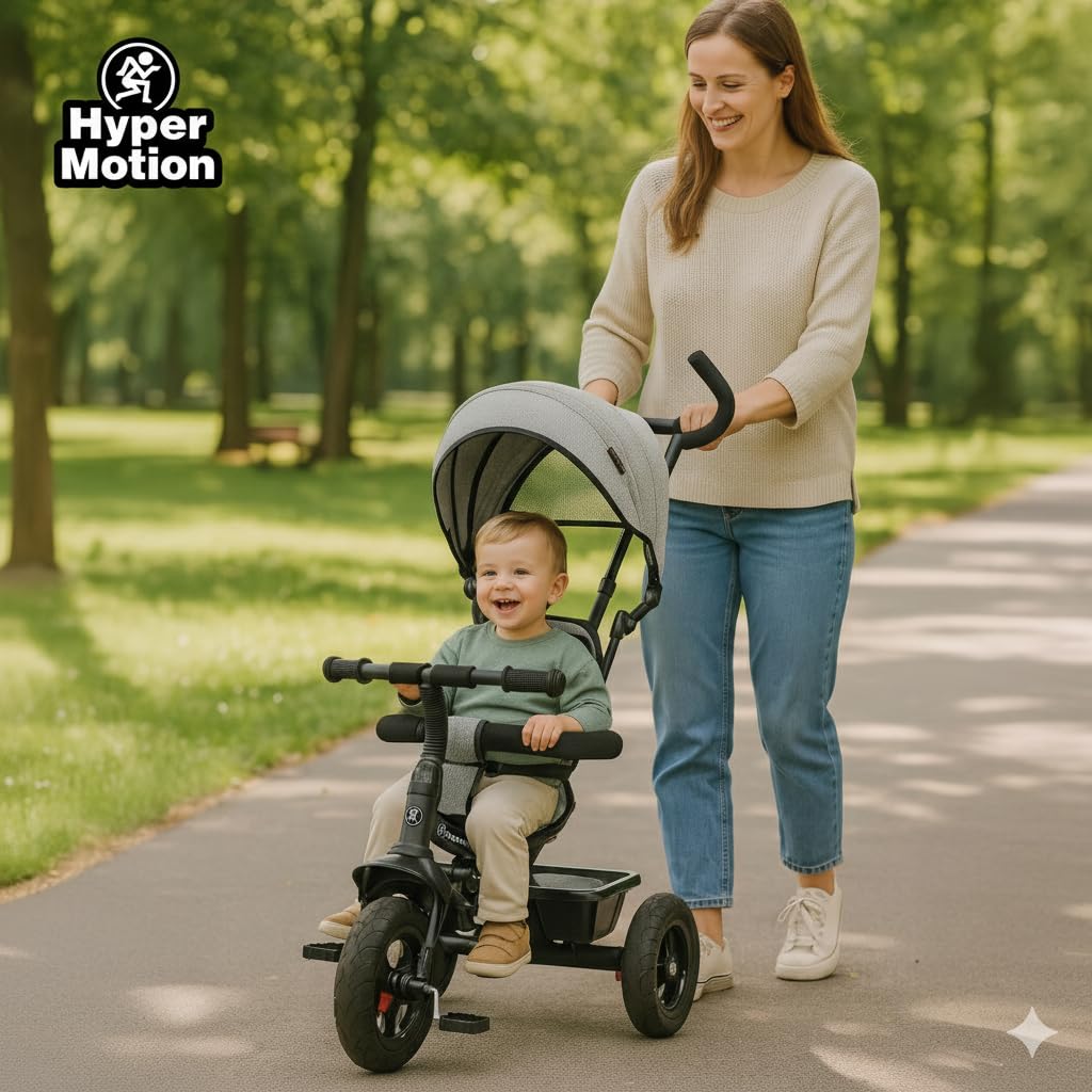 HyperMotion Triciclo Infantil con Manillar para Padres - Bici Bebé 1 Año Evolutiva hasta 20kg - Modelo Similar Kinderkraft con Barra de Empuje - Saltador Bebe Gris