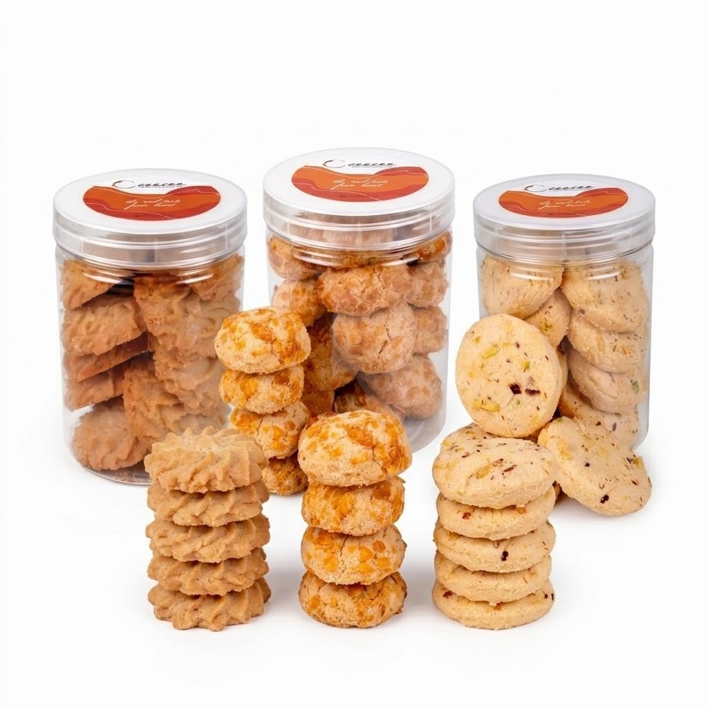 ceecee premium cookie variety combo | pista butter and cornflakes biscuits | freshly baked crunchy treats for tea time and gifting | pack of 3 assorted flavors 600g