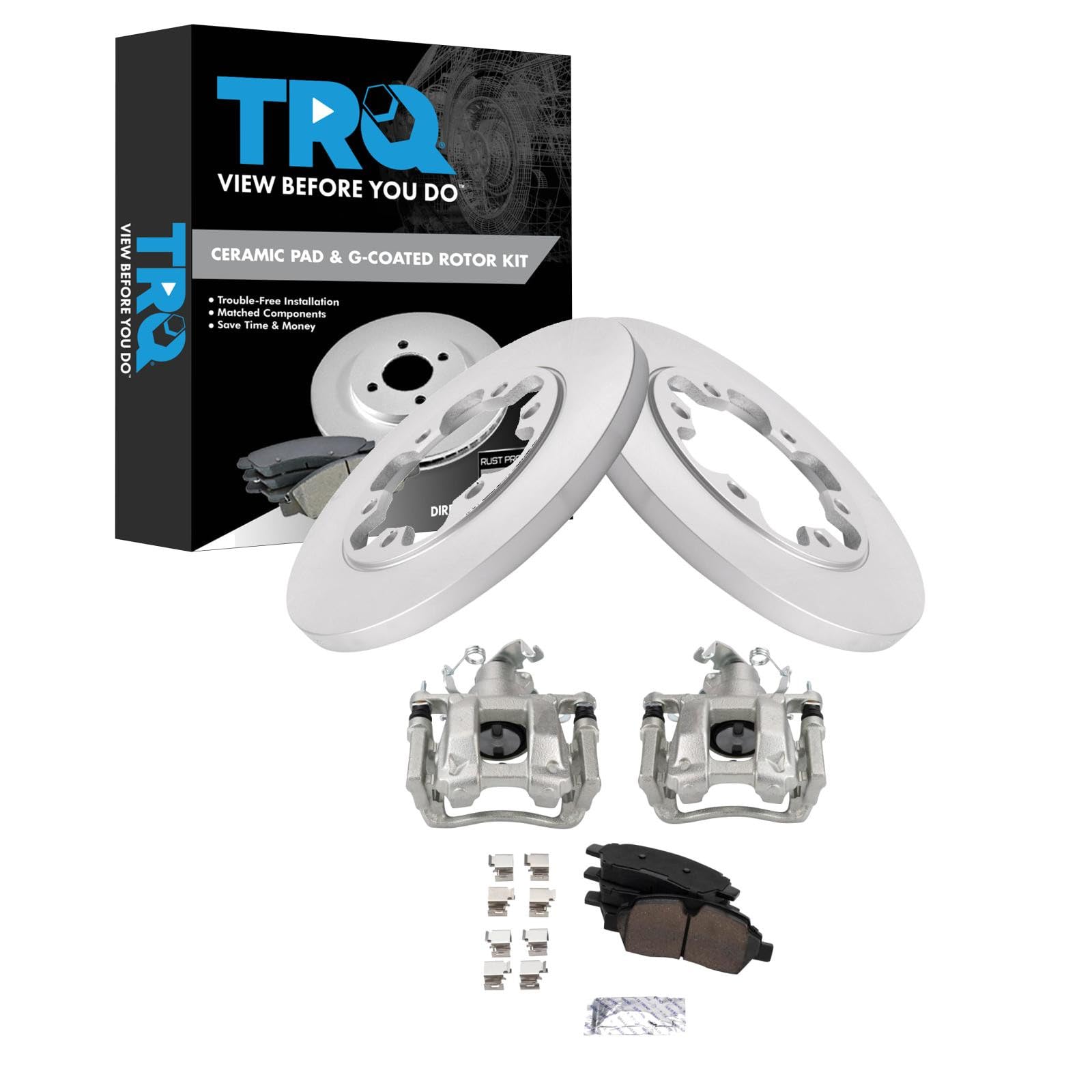 TRQ Rear Brake Pad and Rotor Set Ceramic G Coated Rotors Calipers Compatible with 2015-2019 Ford Transit-350 HD