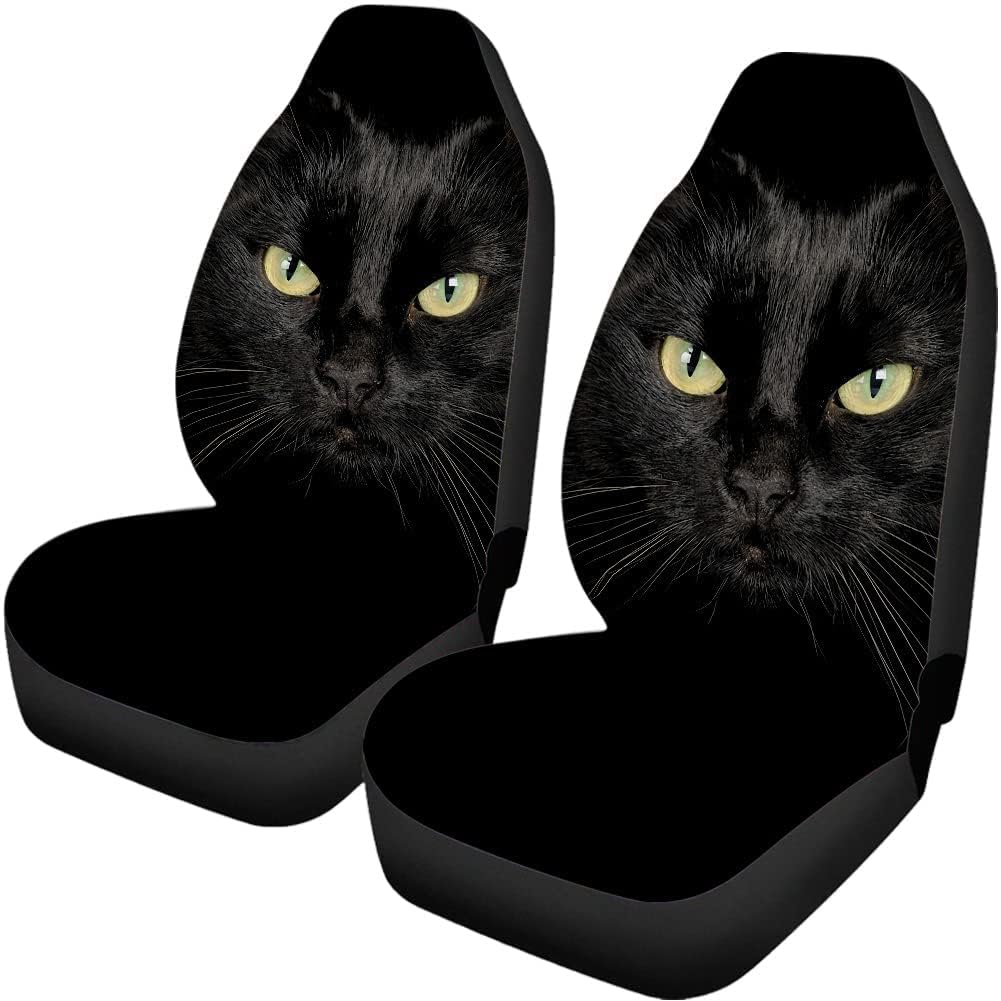 chaqlin Animal Black Cat Print Auto Vordersitzbezüge + Rückenschaufelsitzschutz Kompletter Satz von 4 Stück für Damen Herren Modisches Autozubehör