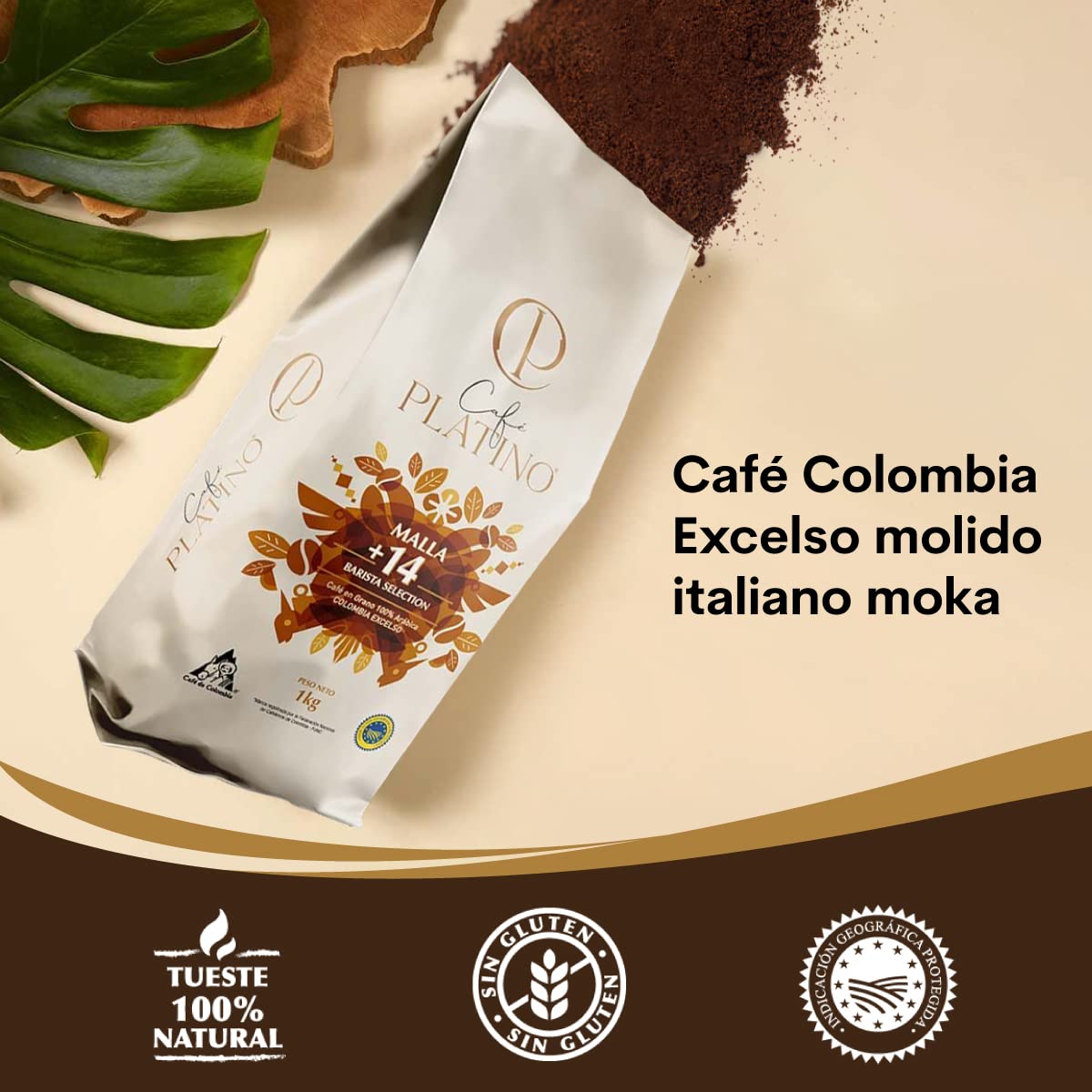 Café Platino - Café Molido de Colombia Excelso Tostado 1Kg - 100% Arábica - Malla +14 Barista Selection