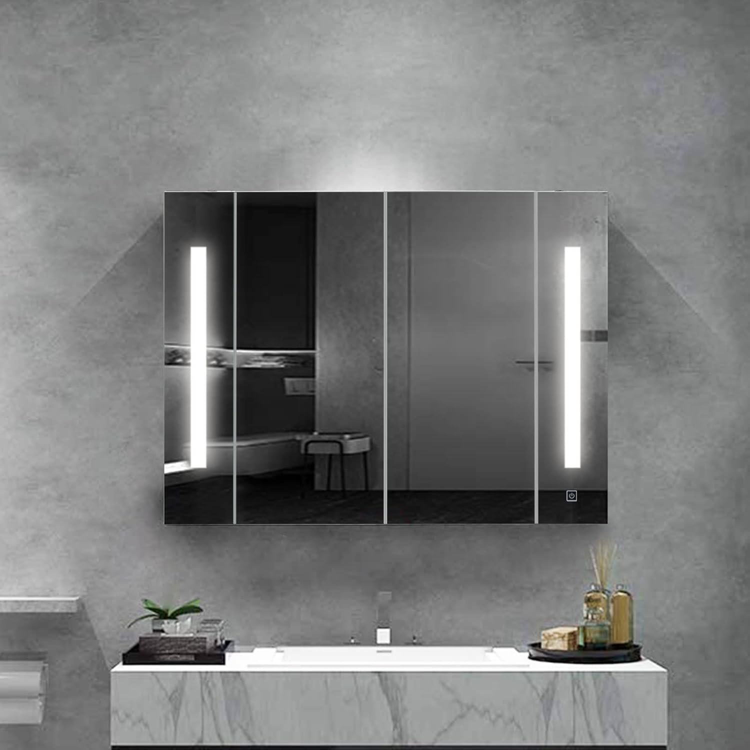 OFCASA 2 Doors Bathroom Mirror with LED Lights Wall Mounted