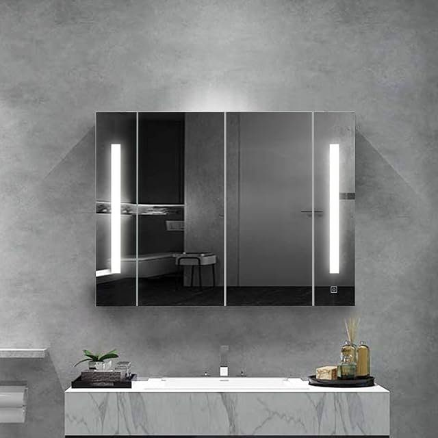 OFCASA 2 Doors Bathroom Mirror Cabinet with LED Lights Wall Mounted Bathroom Mirror Storage Cabinet with Adjustable Shelves Cabinet for Bathroom Shower Room