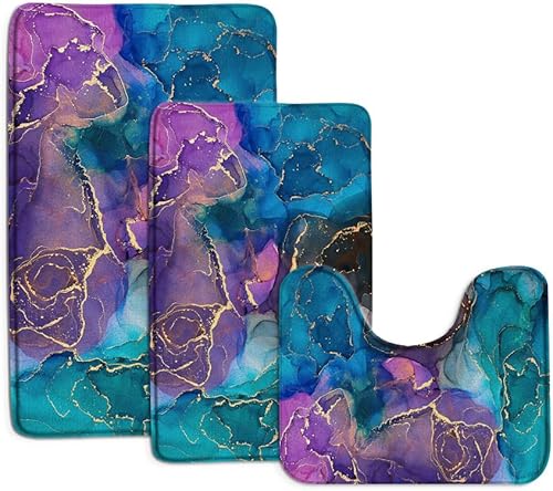 GCTNBJL Juego de 3 alfombras de baño de mármol turquesa morado, textura de mármol azul abstracto, tinta dorada, venas de lujo, arte geométrico