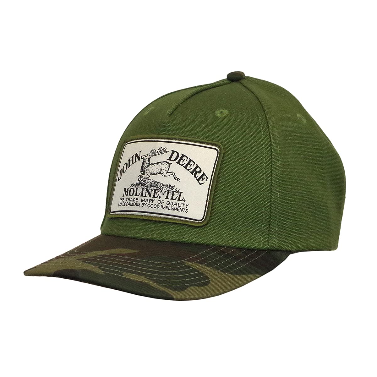 John Deere Unisex Green Vintage Logo Solid Backed Hat With Camo Bill,
