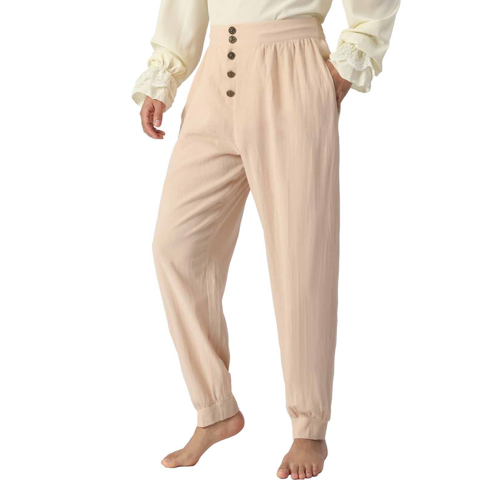 JIEFULL Pirate Pants Mens Renaissance Medieval Pant Ren Faire Viking Trousers with Retro Buttons, Khaki, Large
