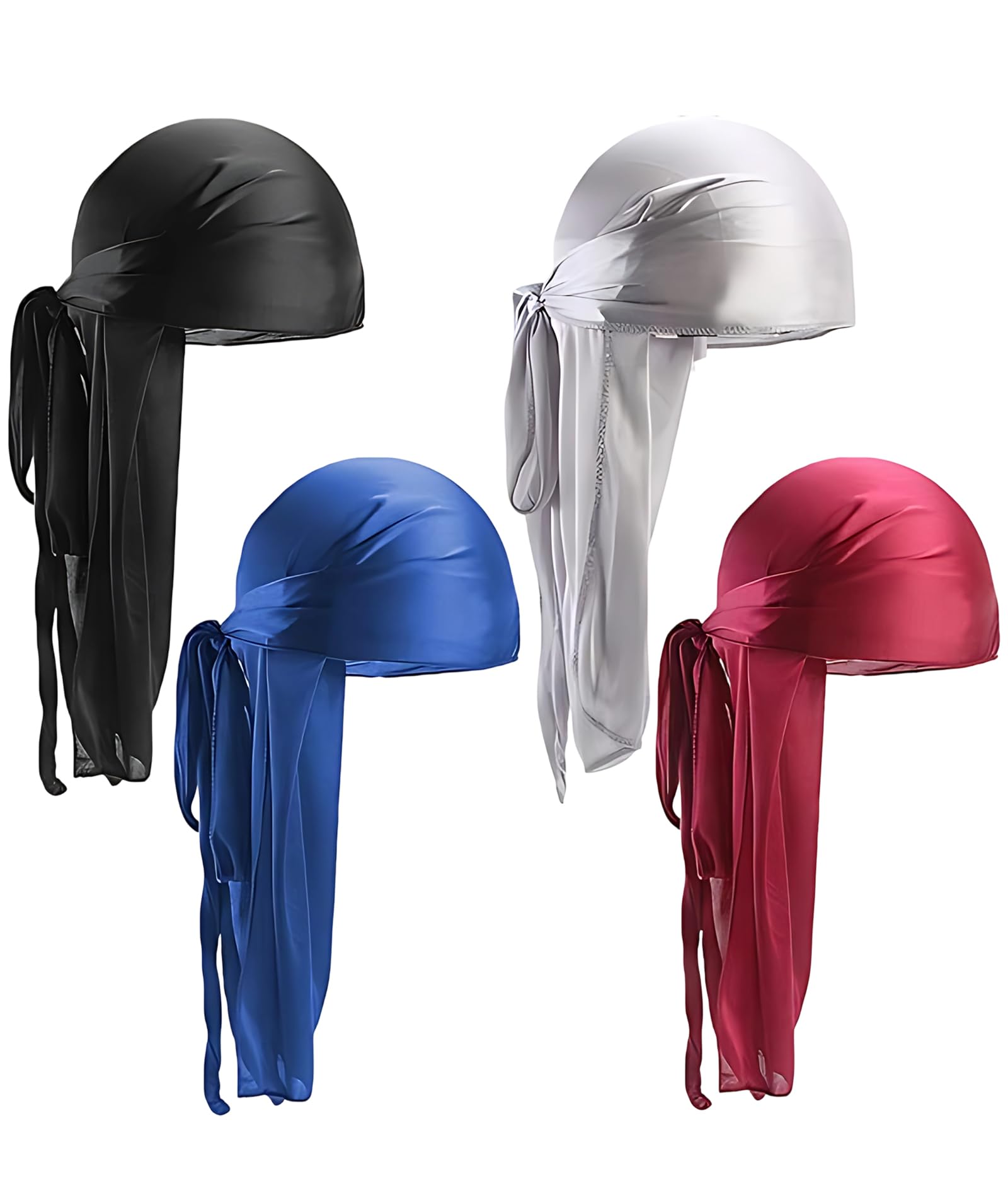 4 Pcs Durag Set for Men and Women - Silky Satin Head Scarf for 360 Waves, Hair Protection, and Hiphop Style in Blue, Black, Wine Red, Silver-image-12