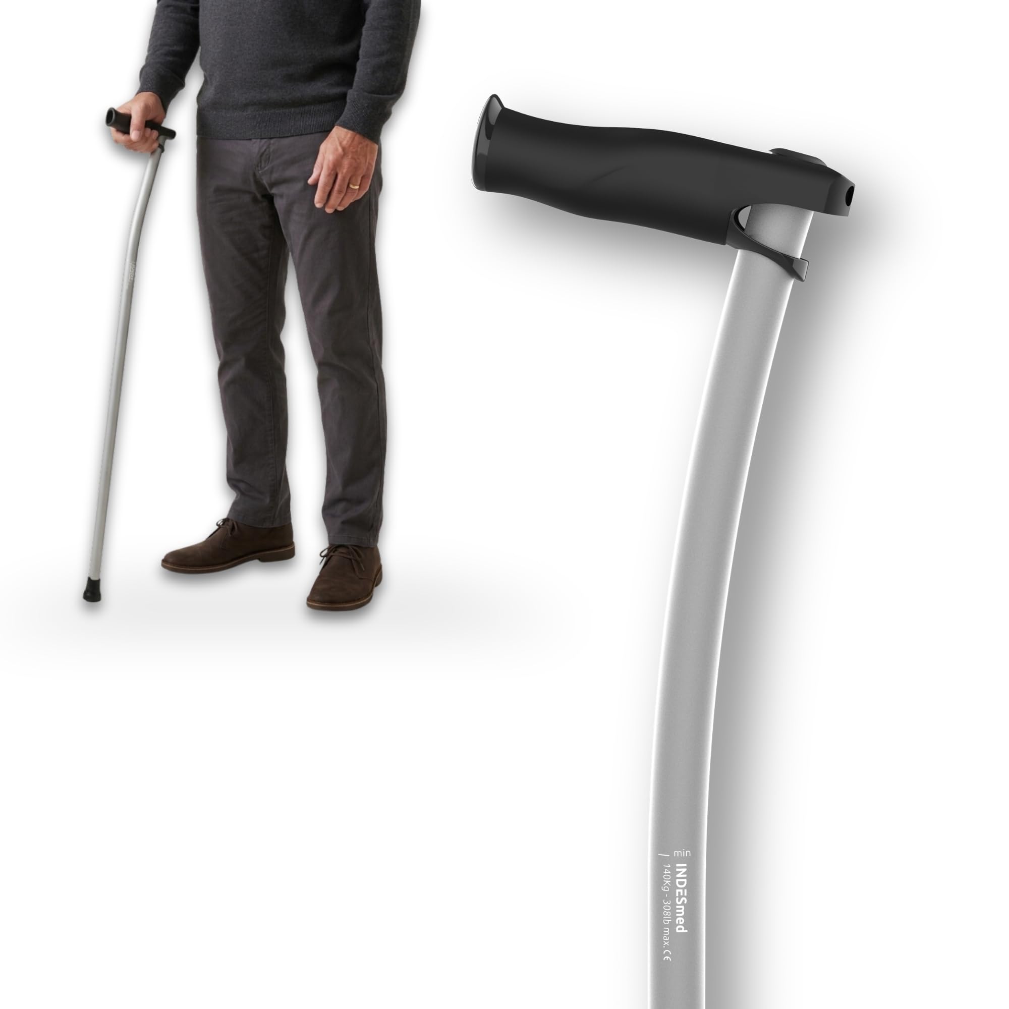 INDESmed | Bastón de Aluminio Aeroespacial 100% Ultraligero - Patentado - Ajustable milimétricamente, Ultrarresistente, Mango ergonómico Anti-tendinitis, Ortopédico-Diseñado en España (Gris, L)
