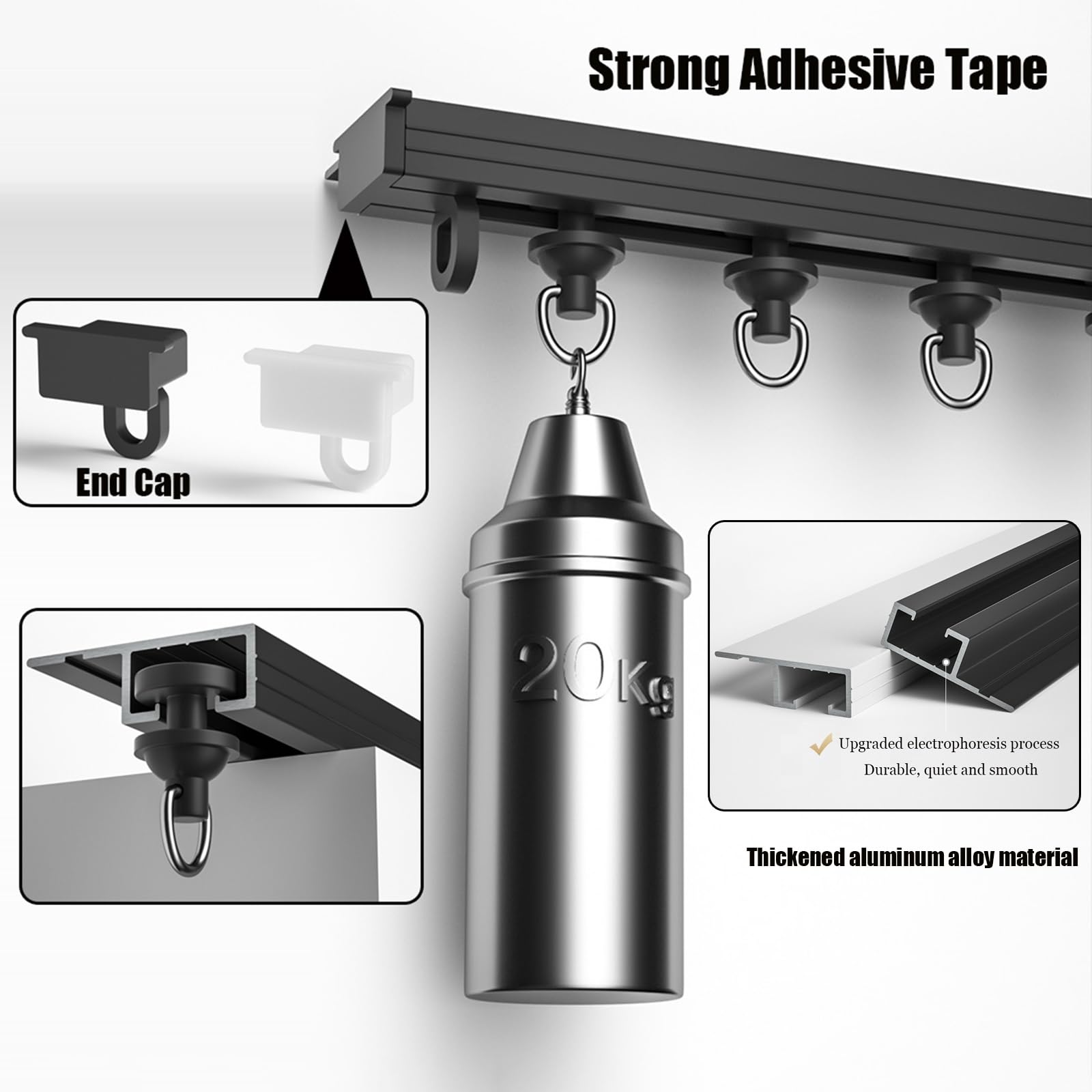 Selbstklebende Vorhangschiene, Wandmontage/Deckenmontage,Ohne Bohren Gardinenschiene Aus Aluminiumlegierung Für Erkerfenster, Raumteiler, Wohnzimmer, Badezimmerdusche(Black,4.0m(4 * 1m))