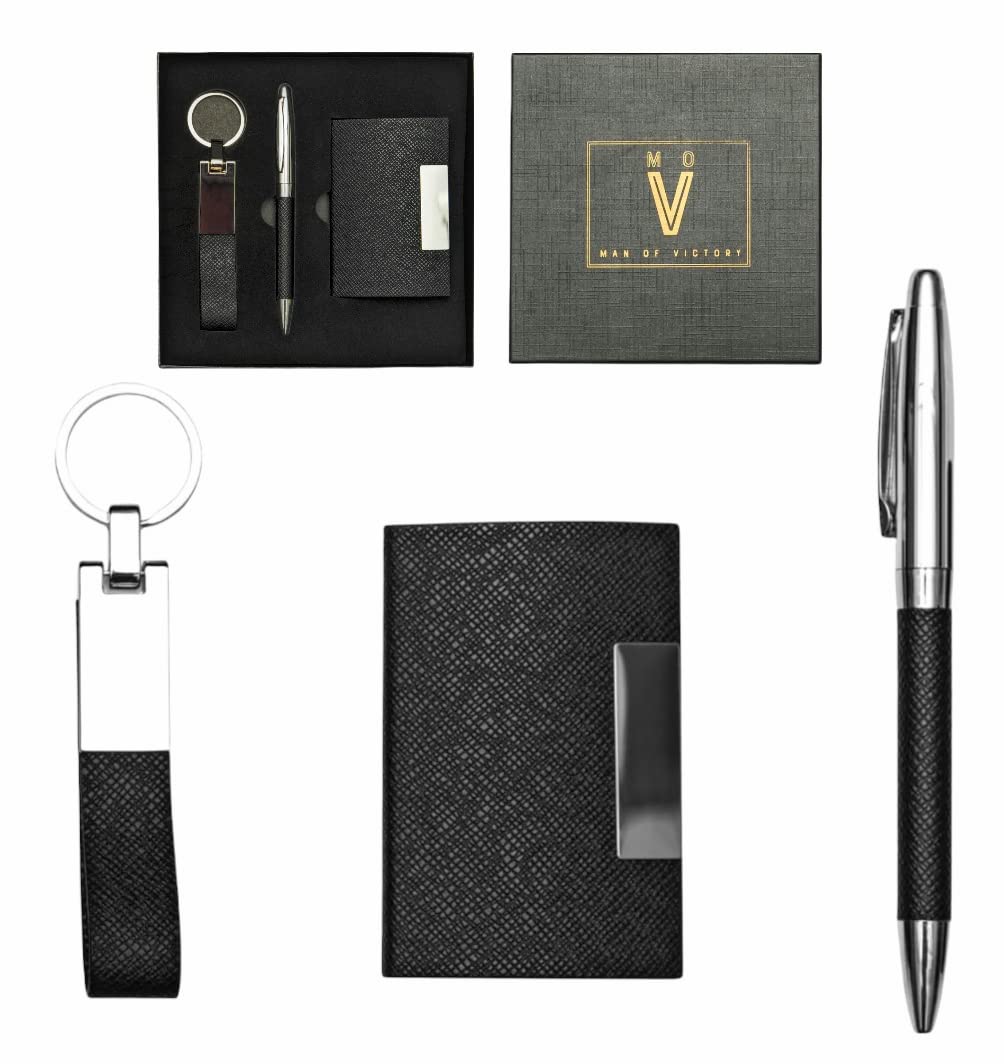 Mens Gift, Mens Christmas Gift Box, Great Gift Set, Gift for Family, Best Men, Best Gift, RFID Blocking Card Holder Wallet, Soft Pen, Key Ring Leather Belt, Black, S