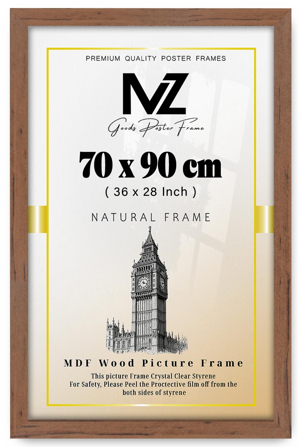 MZ GOODS | MDF Wood Poster Frame (70 x 90 CM) No Mount Included for Wall Art & Room Décor, MDF Wood Finish, Comes with Secure Hanging Hooks [ Walnut ]