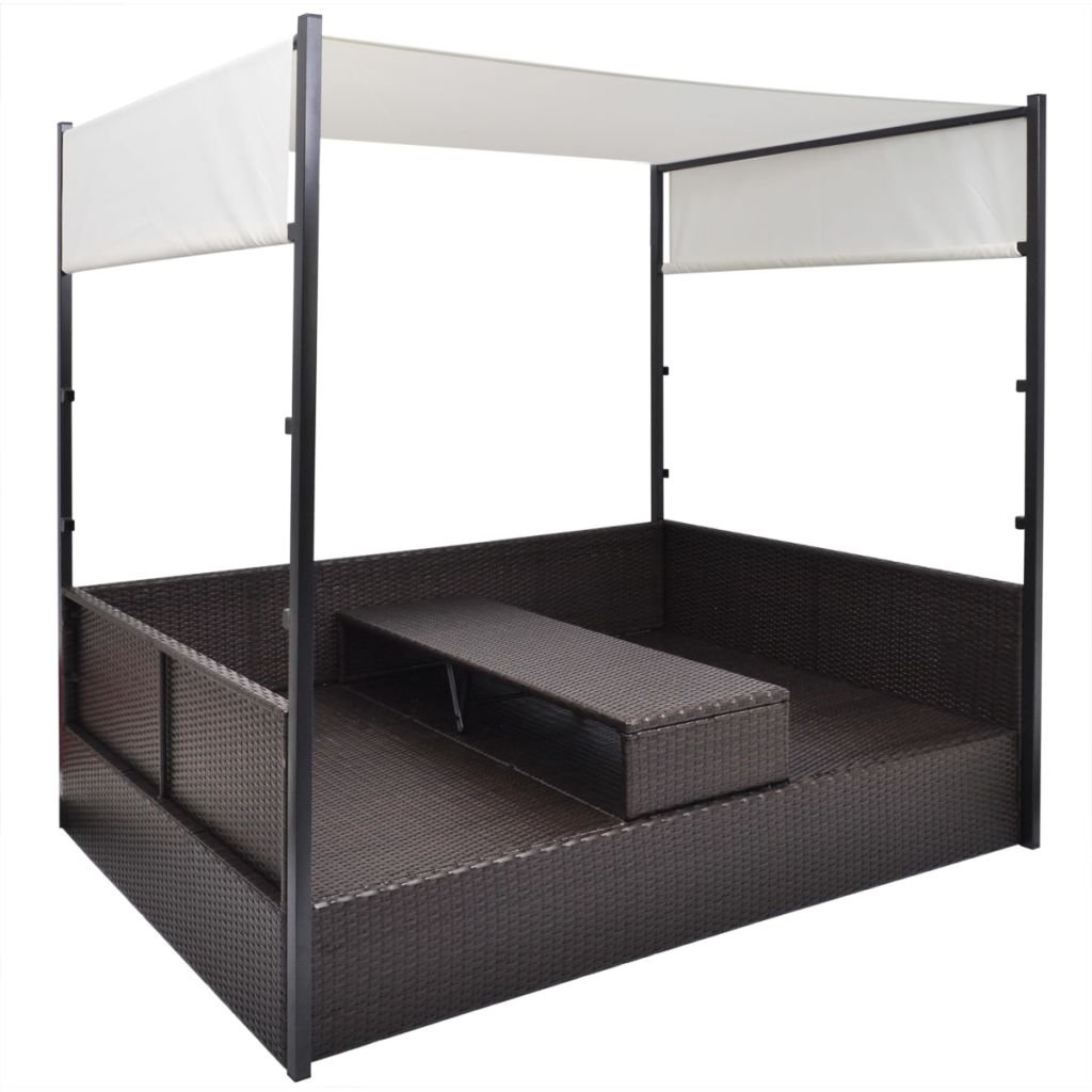 vidaXL Lit Double à Baldaquin d'Extérieur Poly Rotin Marron Bain de Soleil