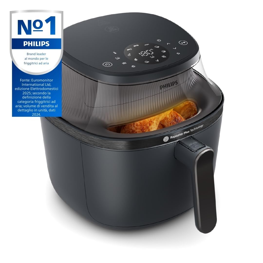 Philips Airfryer Serie 3000 7.2L, Finestra di Cottura, Friggitrice ad aria 16-in-1, Tecnologia RapidAir Plus, Rimozione Grassi, App Ricette HomeID, Facile da Pulire (NA340/00)