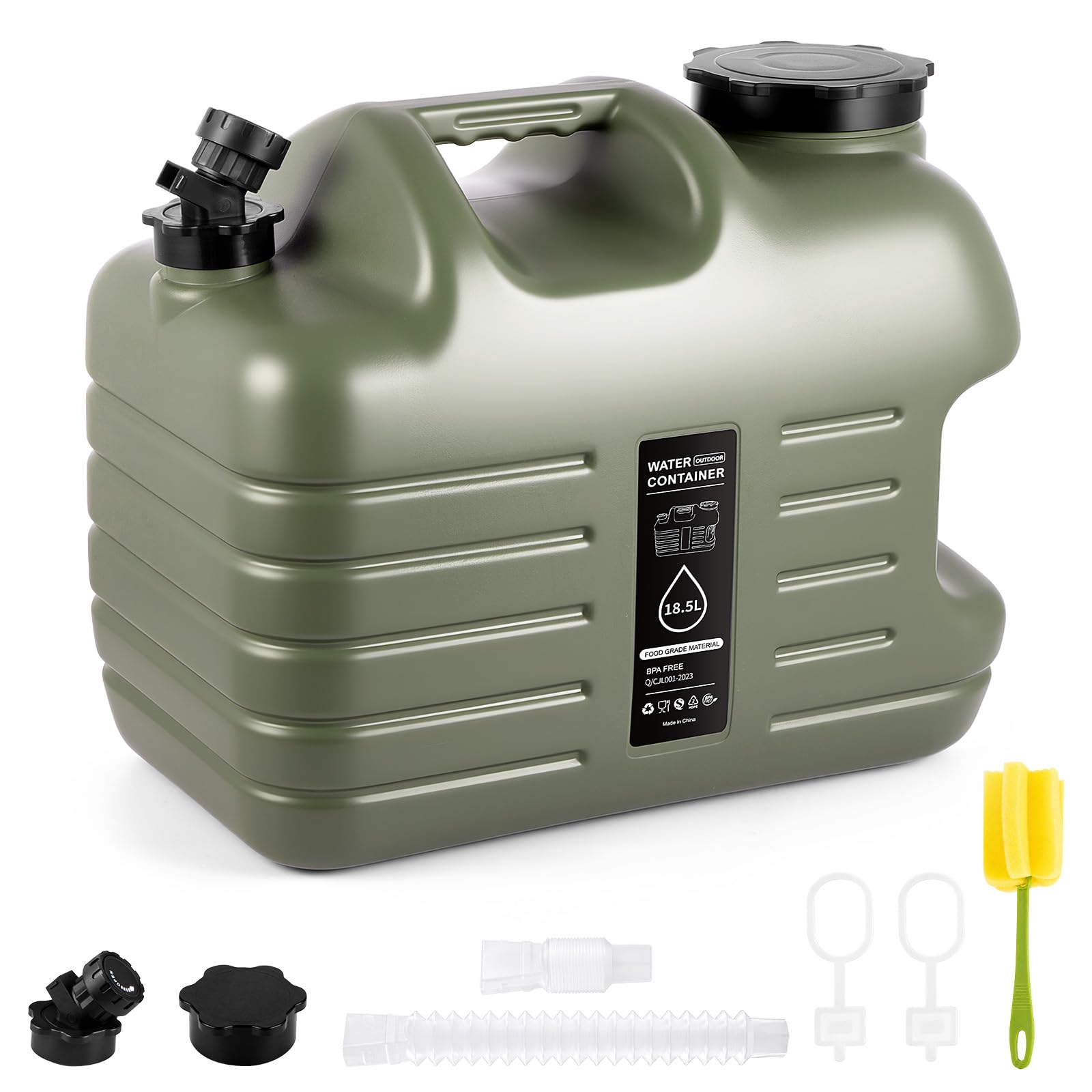BREEZENEST Water Container, Outdoor Water Jug, No-Leak Water Storage, BPA Free Portable Water Carrier with Tap for Camping, Outdoor, Emergency Military Green 18.5L