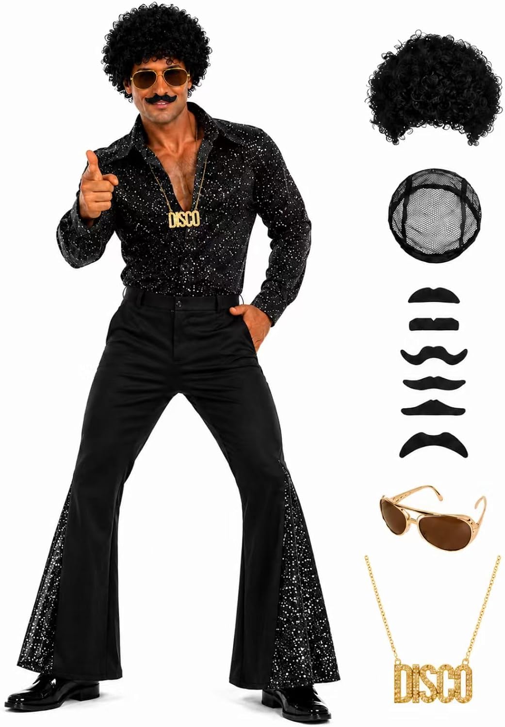 70s Outfits for Men – Retro Disco Costume Set with Shirt, Bell Bottom Pants for 1970 Theme Party Halloween
