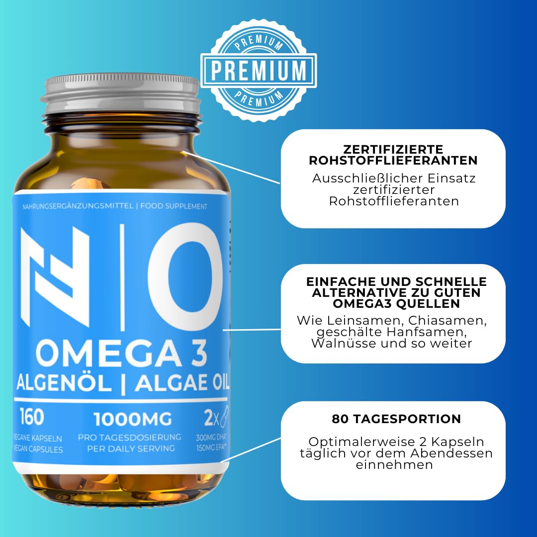 Natura-Fitness24 Vegane Omega-3 Kapseln aus Algenöl, 160 Kapseln à 500mg