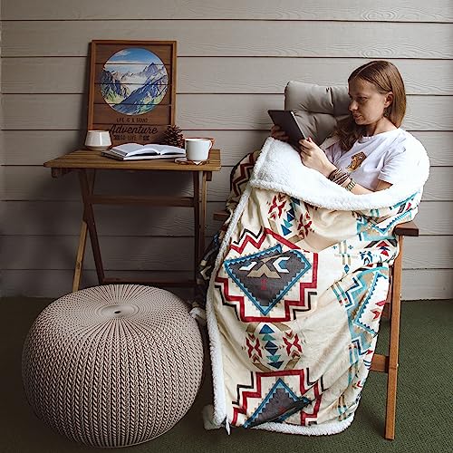 Image of Indigo Hill by HiEnd Accents Spirit Valley Aztec Sherpa Throw Blankets, Tribal Navajo Print Western Blanket for Camping Outdoor, Southwestern Sherpa Fleece Blanket for Couch, Sofa, Bed, 54x68 inch