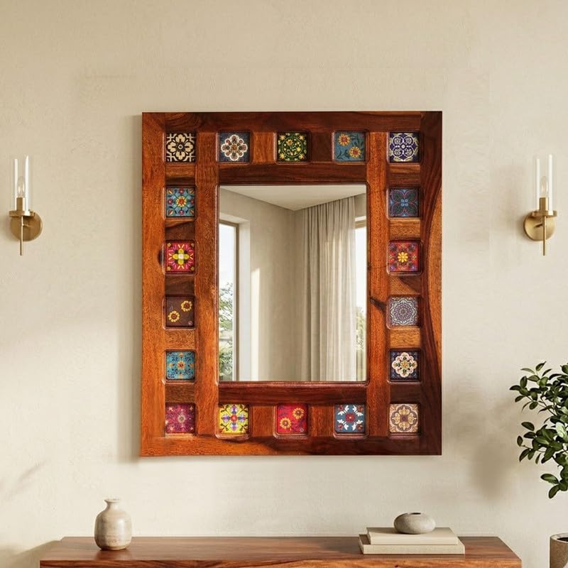Solid Sheesham Wood Wall Mirror with Decorative Frame | Wooden Frame Dressing Mirror for Bedroom Living Room | Wall Mounted Home Décor Mirrors with Artistic Tile Design-image-9