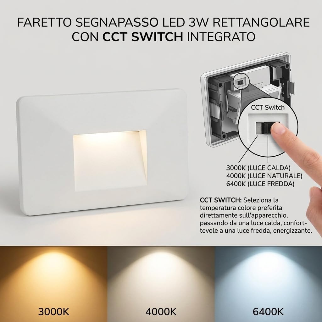 MAKA Faretto Segnapasso LED 3W IP65 da Parete 220V CCT Switch 3000K-6400K 270lm Rettangolare Luce Scala Interno Esterno Illuminazione Segnapasso Moderna (5 Pezzi)