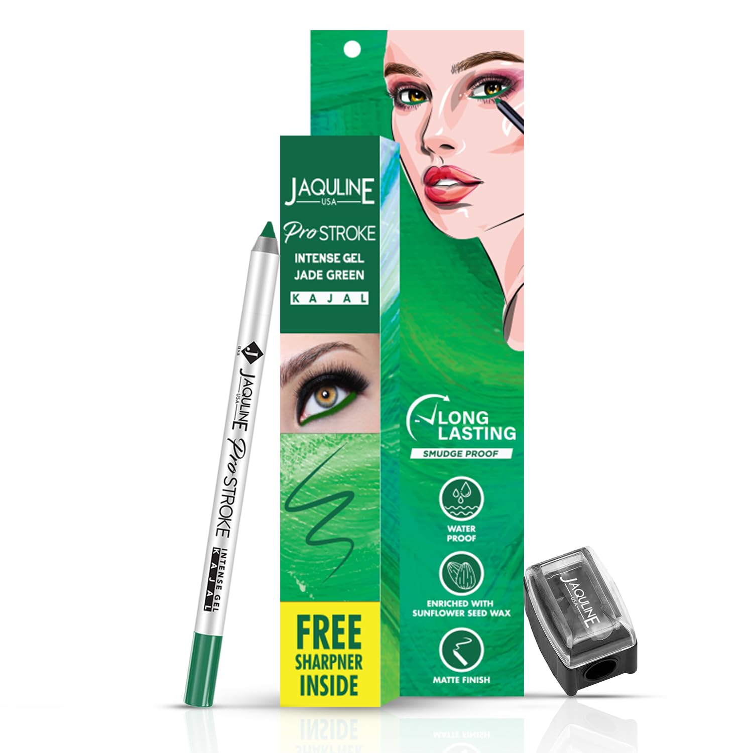 JAQULINE USA ProStroke Intense Gel Kajal | Highly Pigmented | Waterproof | Smudgeproof | Matte Finish | Long Lasting | Quick Drying | Precise Application - Jade Green,1.2g