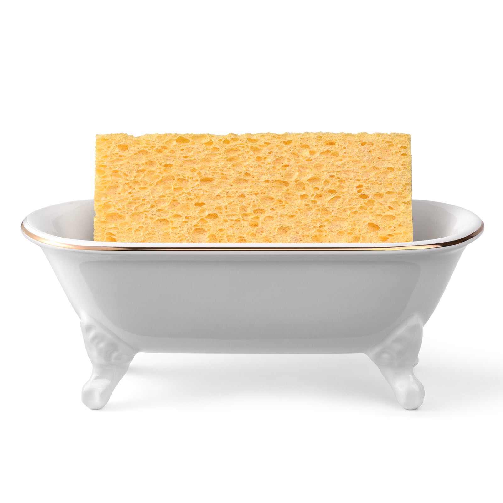 Jabonera decorativa de cerámica de 6.5 pulgadas, soporte de esponja de cocina y bandeja de ducha para baño, 1 paquete (borde dorado blanco)