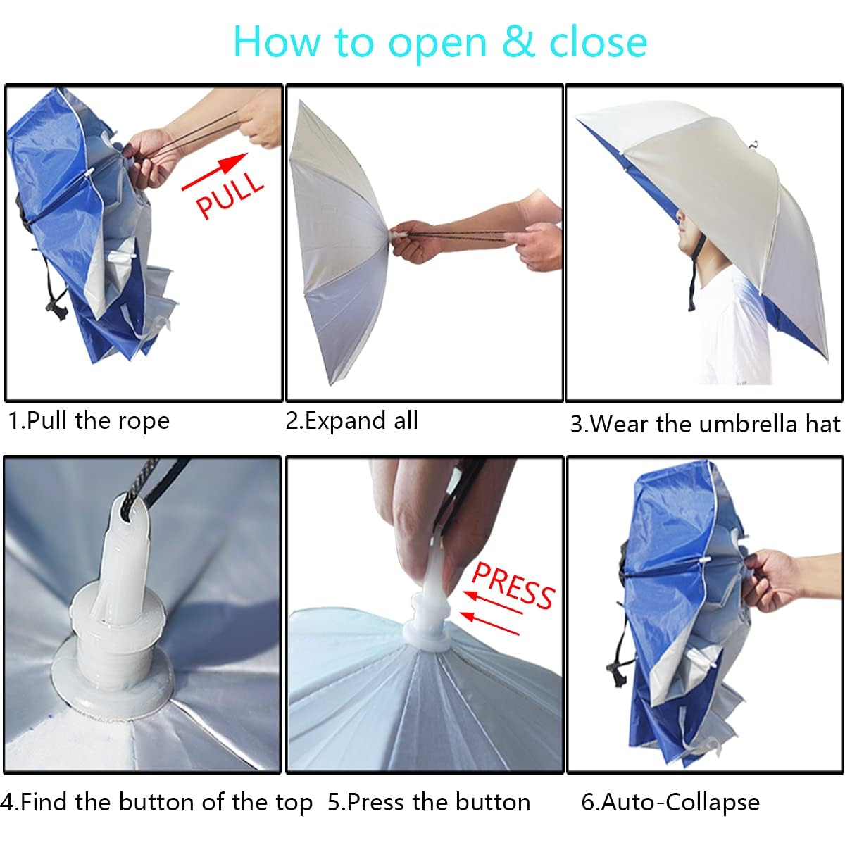 Gorro Paraguas de Cabeza 37 Pulgadas Plegable con Banda Elástica para Pesca Playa Camping