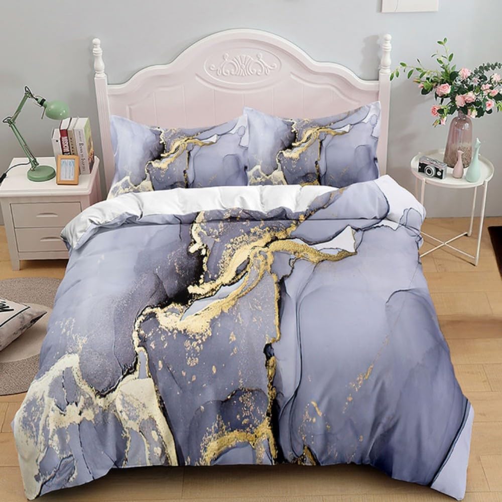 Parure de lit 240x220 au design esthétique moderne marbre violet avec finitions dorées