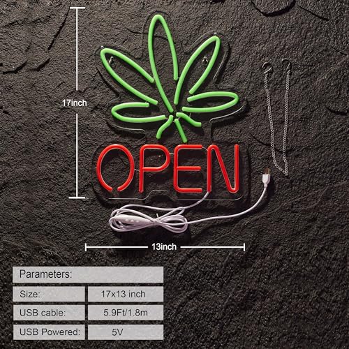 Image of Marijuana Open Neon Sign for Wall Decor Hemp LED with Dimmable Switch Sign Man Cave Art Bars Beer Cannabis High Life Neon Signs Light, Red+Green