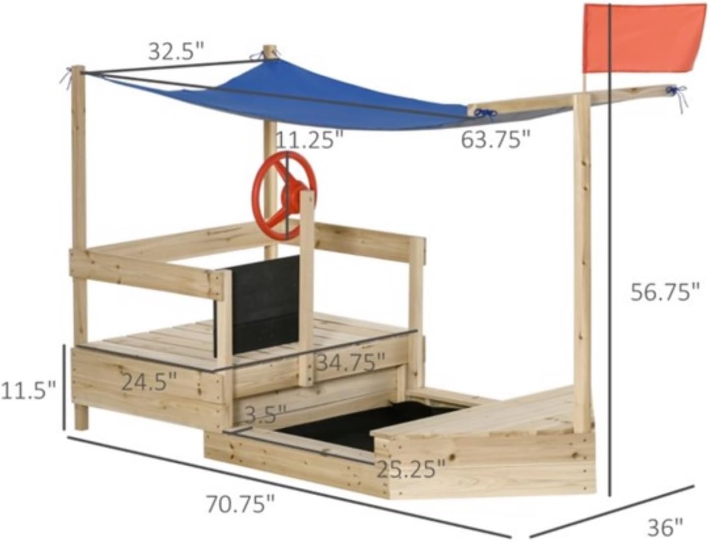 Sandbox in The Shape of A Boat, Sandbox for Children, Flag, Rudder, Blackboard and 2 Side Seats, Shade, Foldable Design, Smooth Surface, Suitable for Children Aged 3 to 8, Natural and Blue Colors