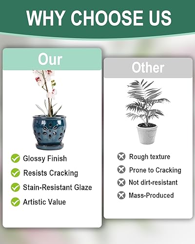 Miniatura 2 de Macetas de cerámica para orquídeas de 4 pulgadas con agujeros y platillos, 2 macetas pequeñas de cerámica para trasplantar, macetas de jardín para