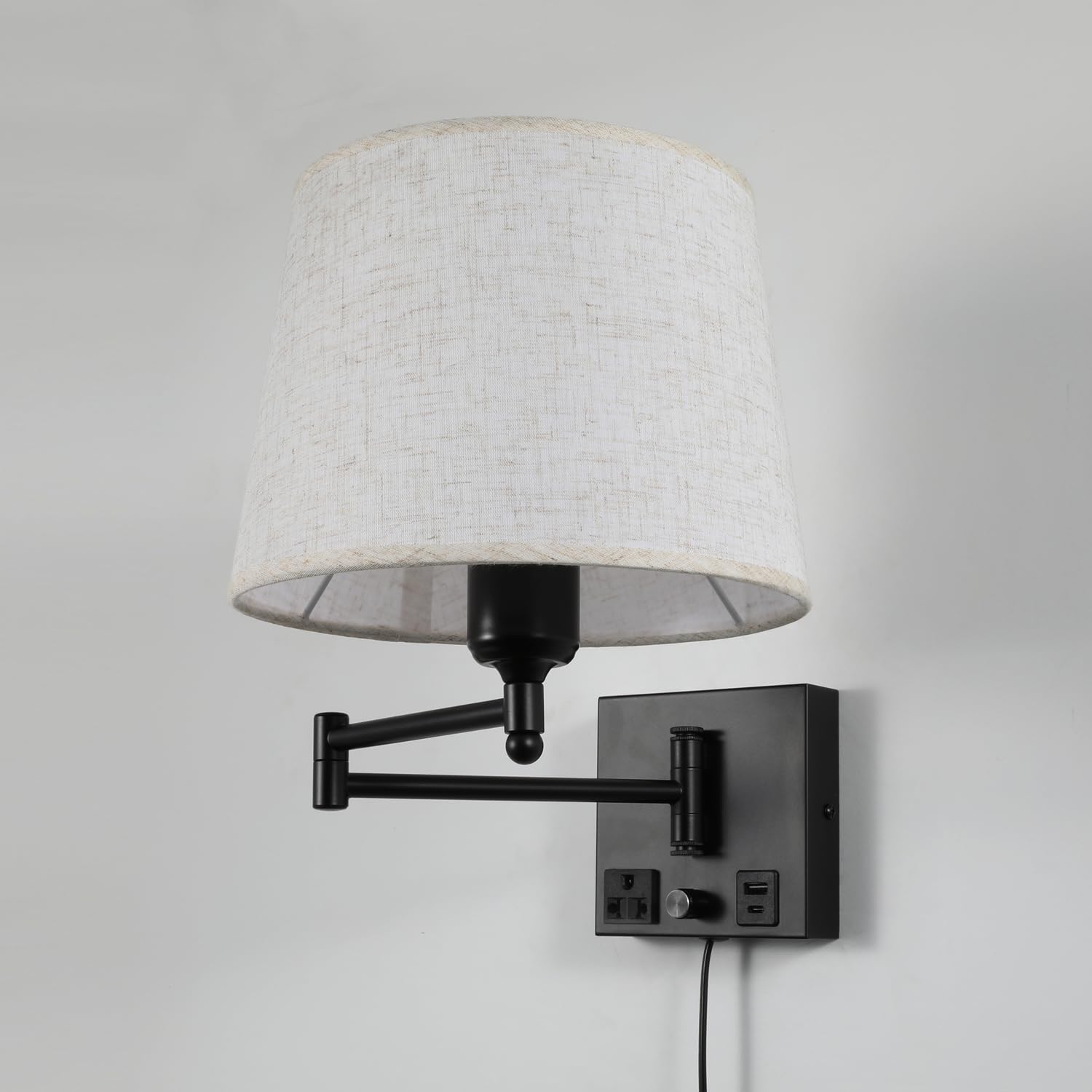 Obrotowa lampa ścienna z abażurem, porty ładowania USB-A i USB-C, zintegrowane gniazdko, ściemniacz obrotowy, lampka do czytania wtykowego, regulowana do łóżka, sypialni, hotelu
