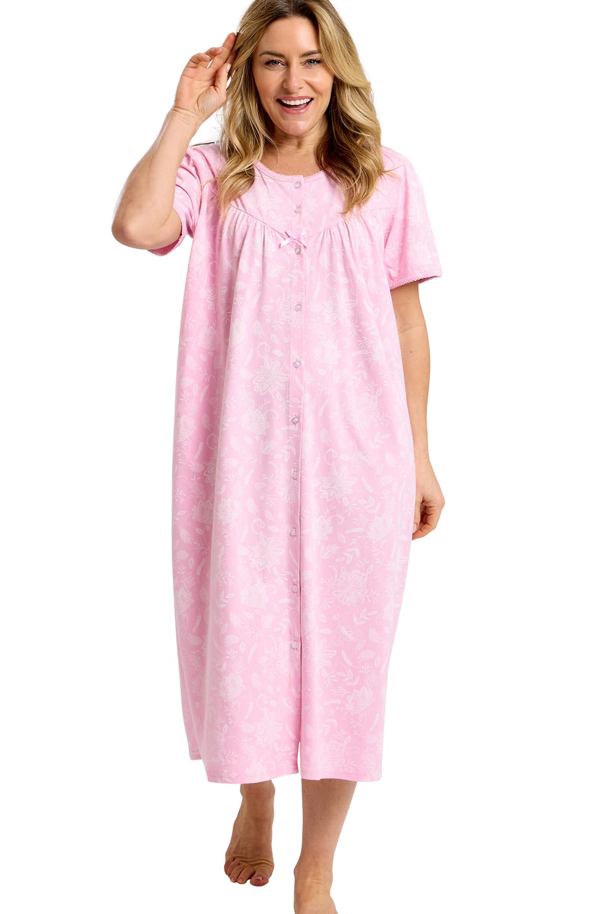 Marlon Women’s Anna Nightie | 100% Cotton Jersey Nightdress with Full Button Front & Short Sleeves – Soft & Breathable Sleepwear