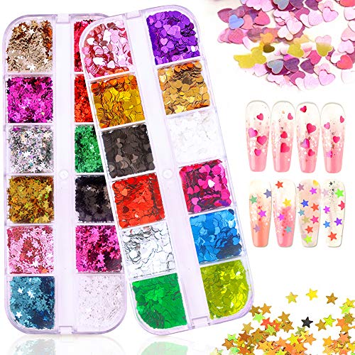 JOYJULY 2 Boxes 24 Colors 3D Holographic Nail Art Glitter Iridescent Nail Glitter Sequins Colorful Flakes Nail Art Sticker Laser Sequins Nail Sparkle for Acrylic Nail Art Decorations