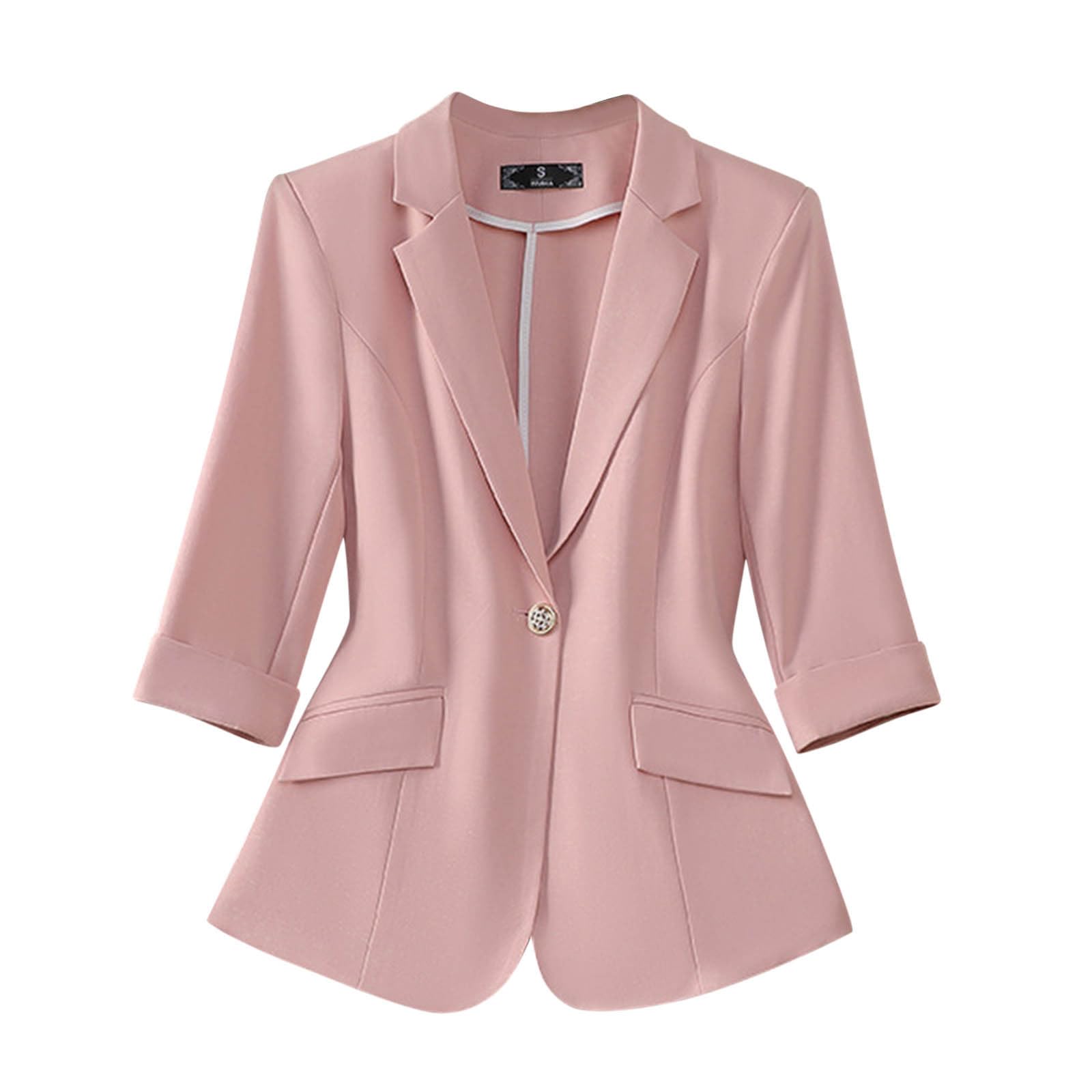 Womens 3 4 Sleeve Slim Fit Blazer Jackets Notch Lapel One Button Elegant Business Suit Cardigan with Pockets