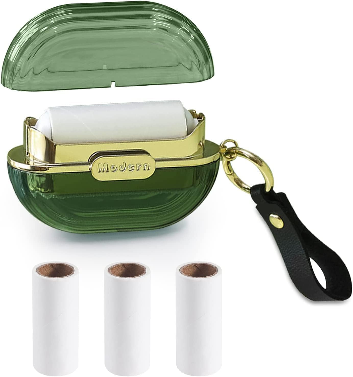 Double-Sided Travel Portable Lint Roller with Hand Strap, Reusable Mini Extra Sticky Dog Cat Pet Hair Remover, Luxury Lint Remover for Clothes Bag Dust Fuzz Fur with 4 Refills (Green)