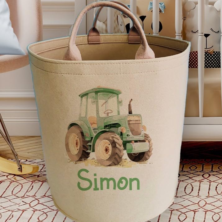 Personalised Tractor Nursery Storage Basket | Custom Name Beige Felt Toy Organiser with Green Tractor | Large 50L Baby Laundry Crafted Hamper for Toddler Bedroom Decor