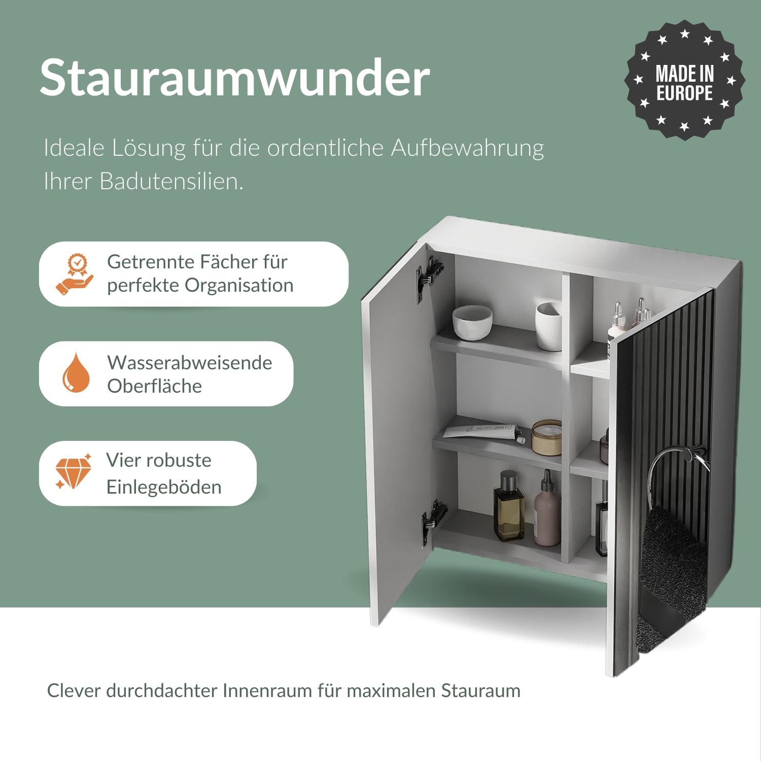 Planetmöbel - Armadio a specchio con illuminazione, 60 cm di larghezza, con specchio, illuminazione a LED cromata, colore: bianco/grigio