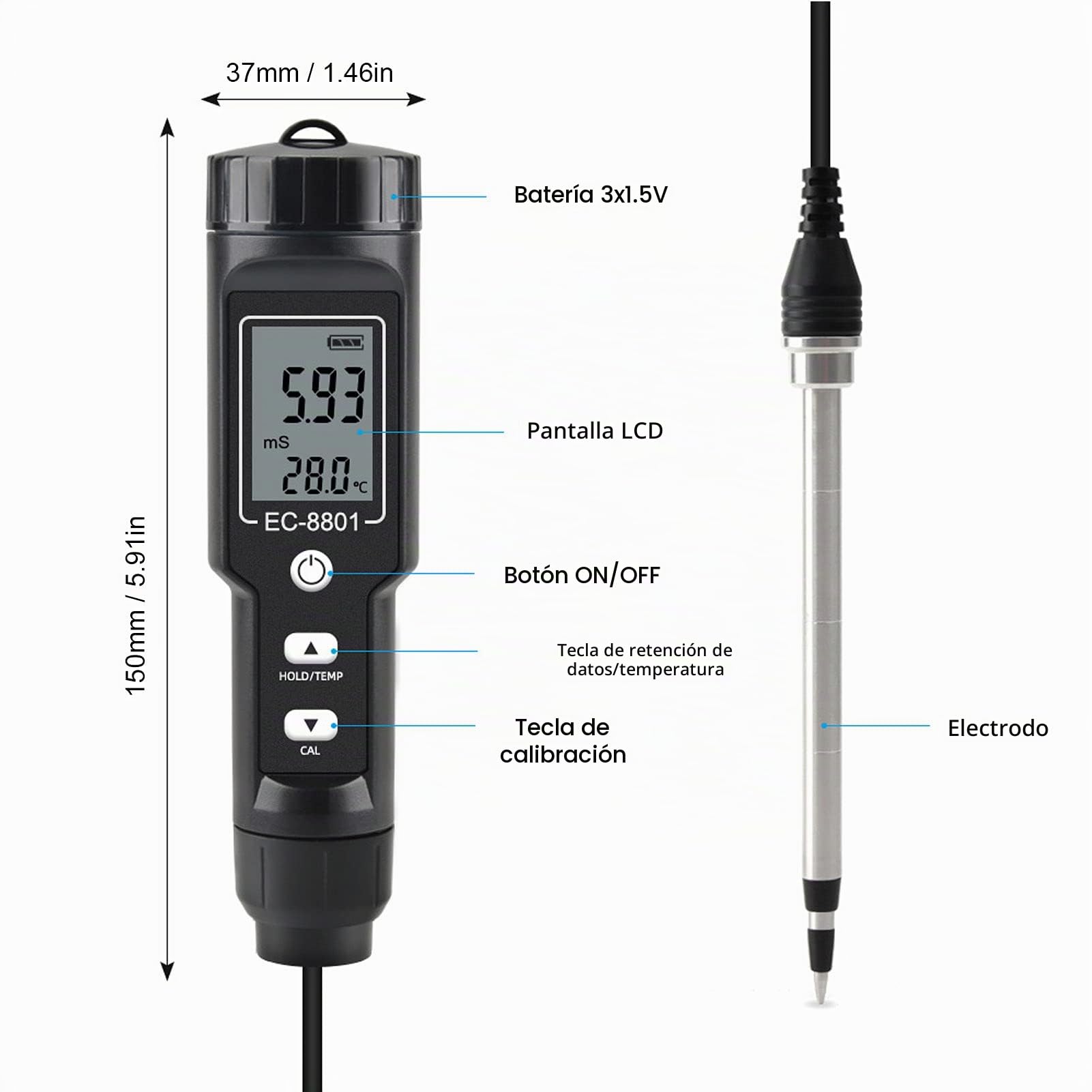 Haofy Medidor de Suelo EC, Detector de Sal, probador portátil de conductividad del Suelo Probador de salinidad EC del Suelo con sonda EC-8801B para Plantas de jardinería, Agricultura