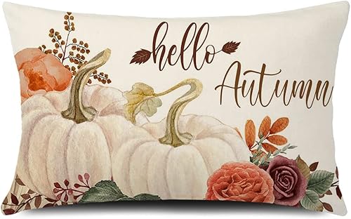 GTEXT Funda de almohada de otoño de 20 x 12 pulgadas, funda de cojín de otoño con diseño de calabazas de otoño, funda de almohada lumbar de lino