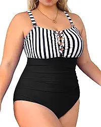 Maiô feminino plus size, peça única, listrada, com controle de barriga, cores contrastantes, roupa de banho