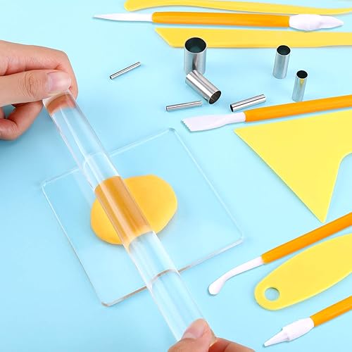 Miniatura 4 de Honoson Juego de 24 herramientas de escultura de arcilla, herramientas de arcilla polimérica, juego de bricolaje con rodillo, hoja acrílica, tablero
