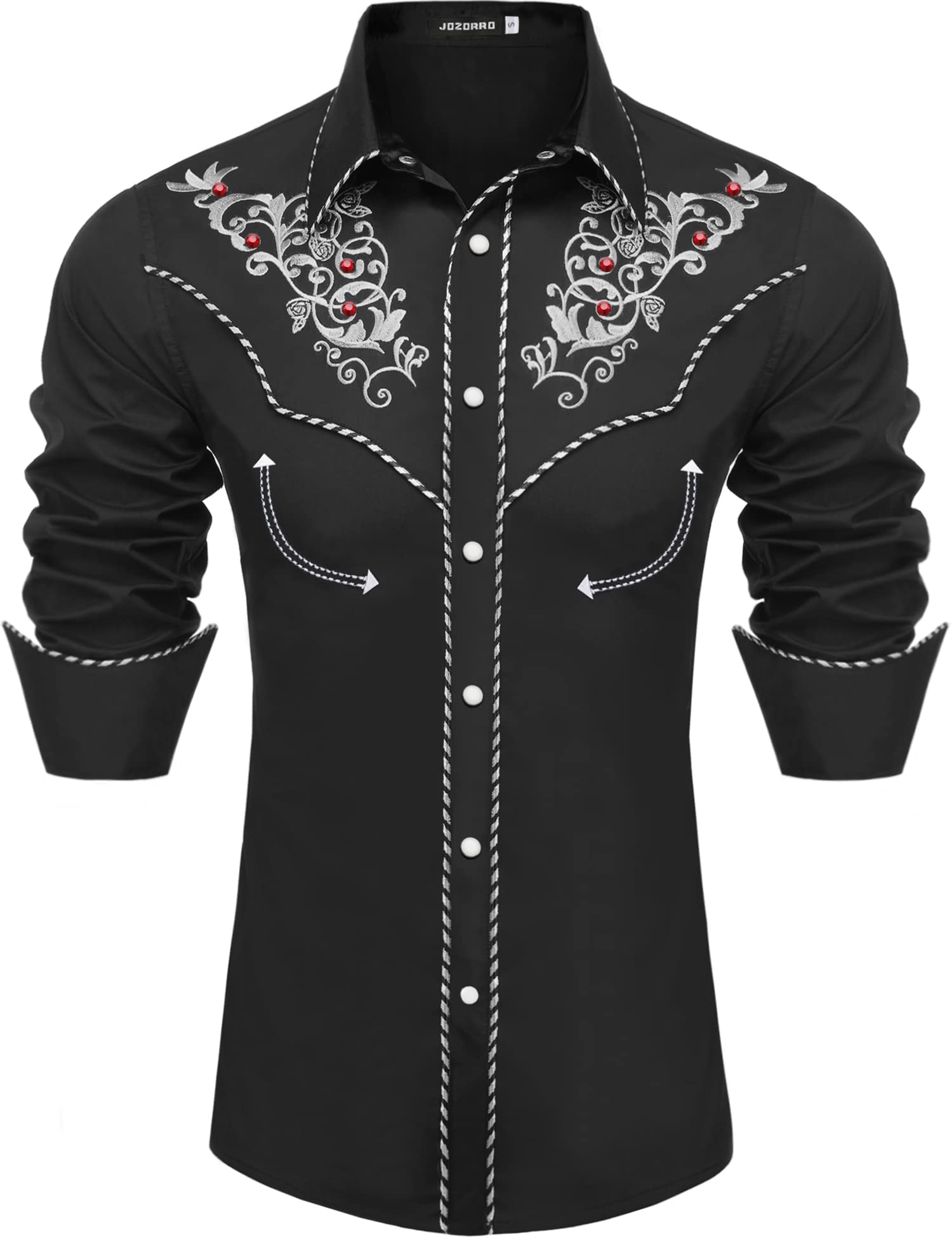JoZorroMen's Long Sleeve Pearl Snap Shirt Rhinestone Cowboy Cut Western Embroidered Casual Button Down Shirt