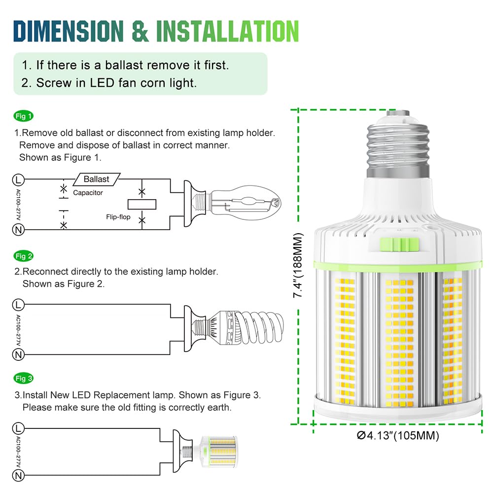 480V LED Corn Bulb 100W 80W 60W 4500K 5000K 5700K E39 Mogul Base 277-480V 15000LM Super Bright LED — view 5