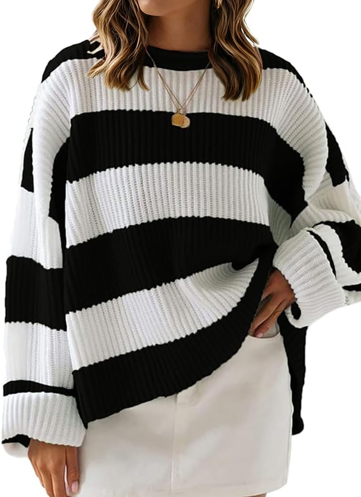 Womens Striped Knitted Pullover Crew Neck Fall Winter Sweater Long Sleeve Color Block Jumper