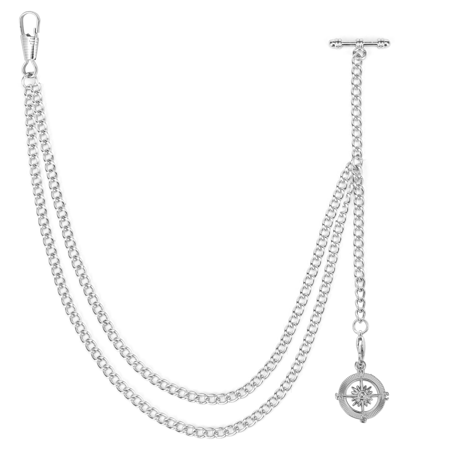 ManChDa Pocket Watch Albert Chain Pocket Watch and Chain, T-Bar Chain with Compass Pendant, Curb Link Chain 2 Hook Antique Fob T Bar for Men