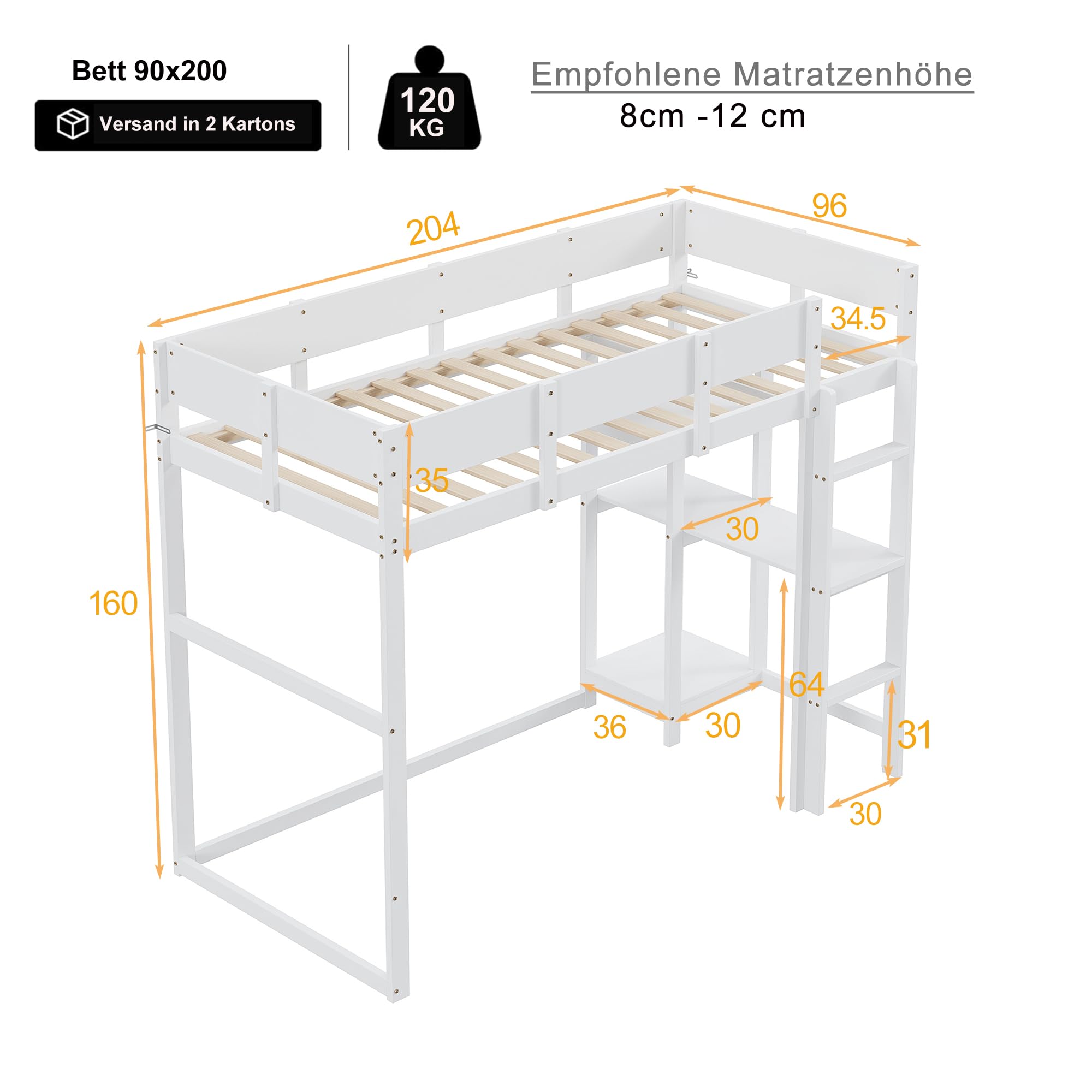 Aoskem Kinderbett Hochbett 90x200, Etagenbett Hausbett mit Leiter, Stauraum Regale und Schreibtisch, Holzbett Einzelbett Jugendbett Bettgestell mit Rausfallschutz und Lattenrost, Ohne Matratze Weiß