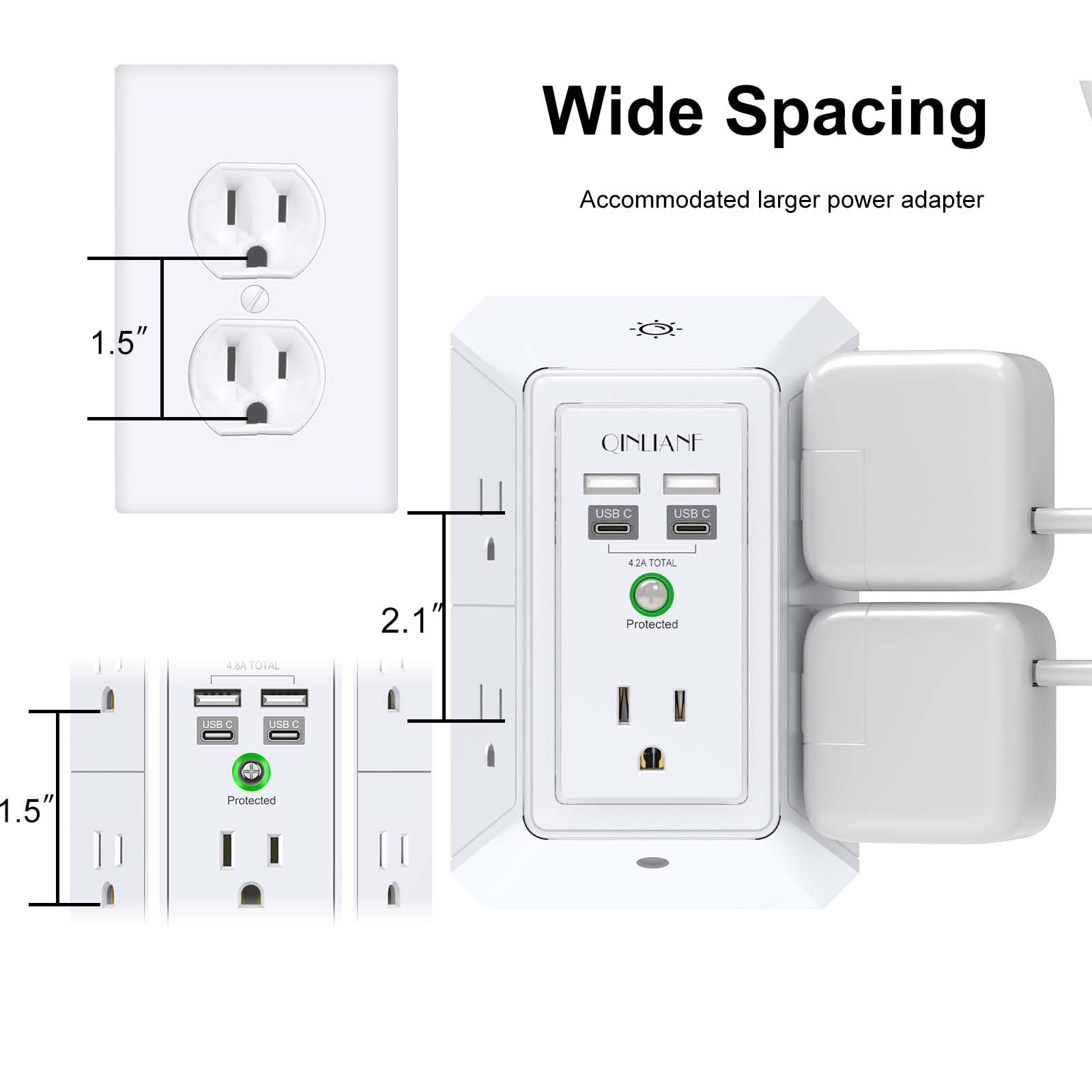 3-seitige Überspannungsschutz-Steckdosenleiste – QINLIANF Mehrfachsteckdose mit 5 Steckdosenverlängerungen und 4 USB-Ports (2 USB-C) und Nachtlicht, USB-Wandladegerät für Zuhause, Büro, Reisen
