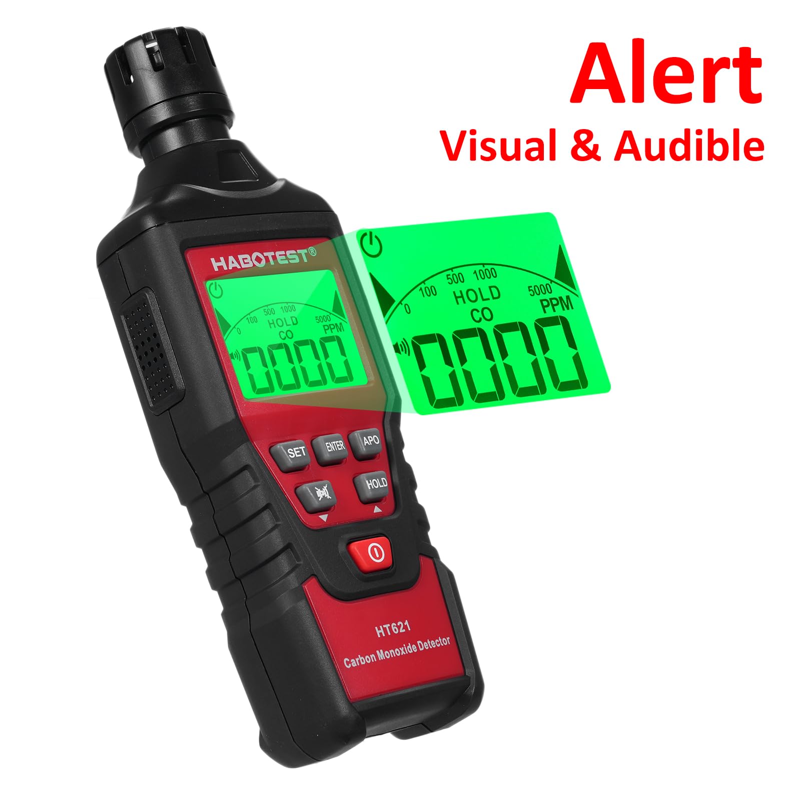 HABOTEST HT621 Detector portátil de monóxido de Carbono - Detector de CO portátil con Sensor electroquímico Rango de 0 a 5000 PPM - Pantalla LCD retroiluminada Alarmas sonoras y