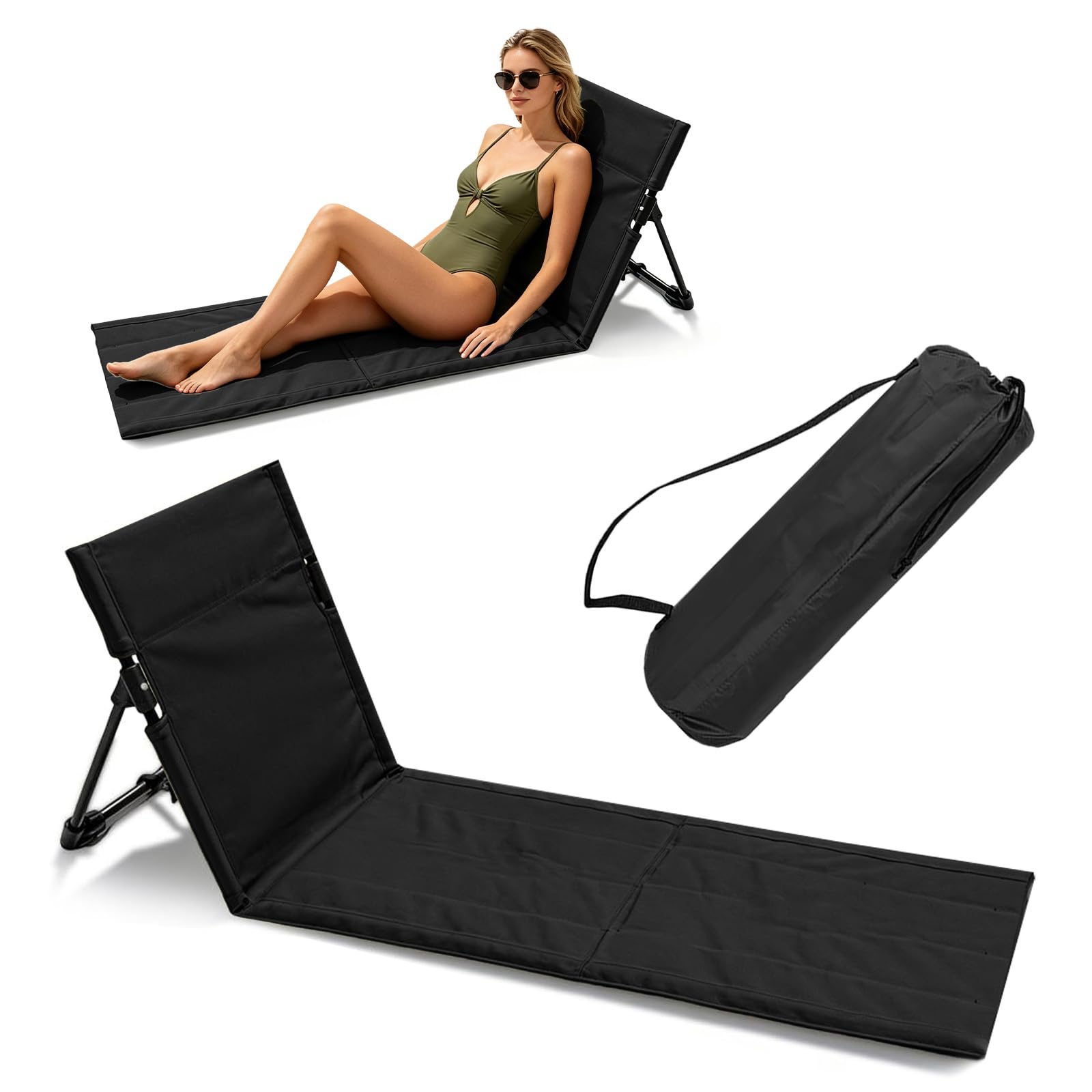 Strandmatte mit Rückenlehne, Klappbare Liegematte mit Rückenlehne, Strandliege Faltbar Leicht, Strandsitz mit Aufnahmebeutel, Bodenstuhl Outdoor für Camping, Strand, Reisen (Schwarz, Lange)